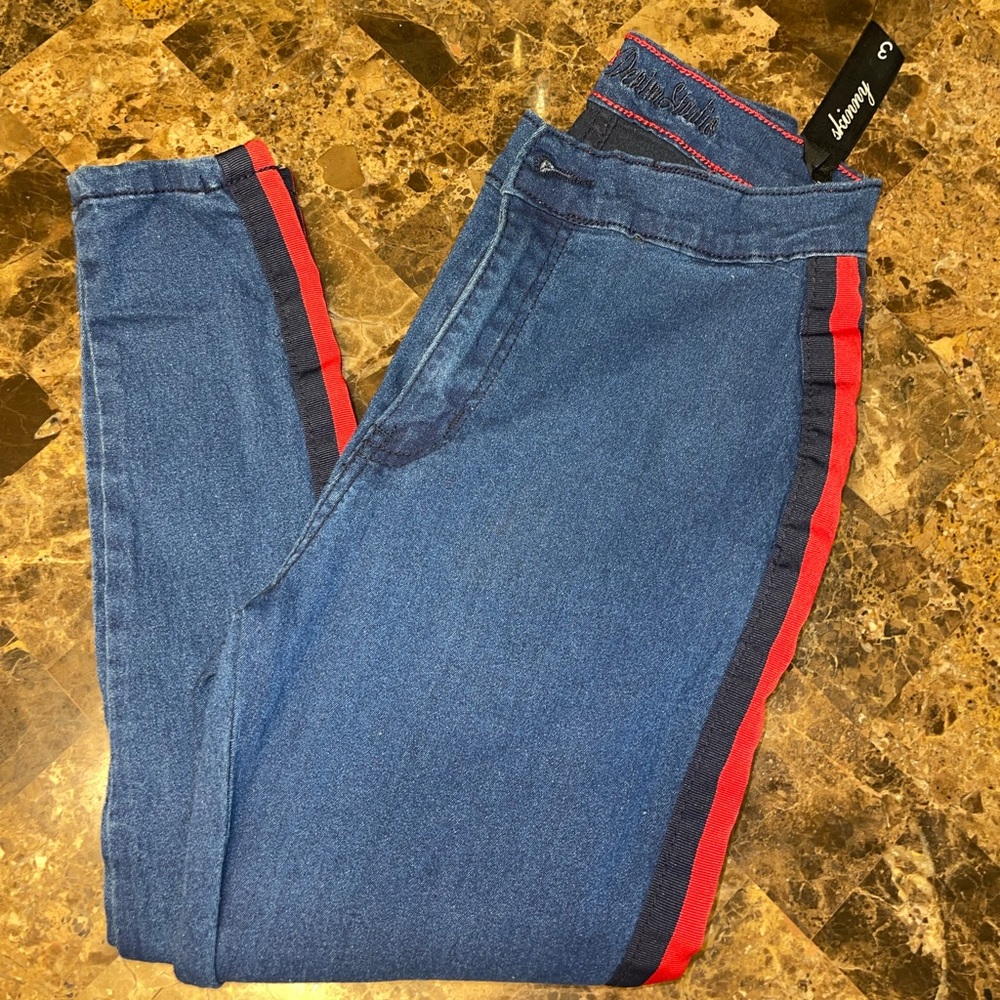Blue Jeans Red and Blue stripes on side